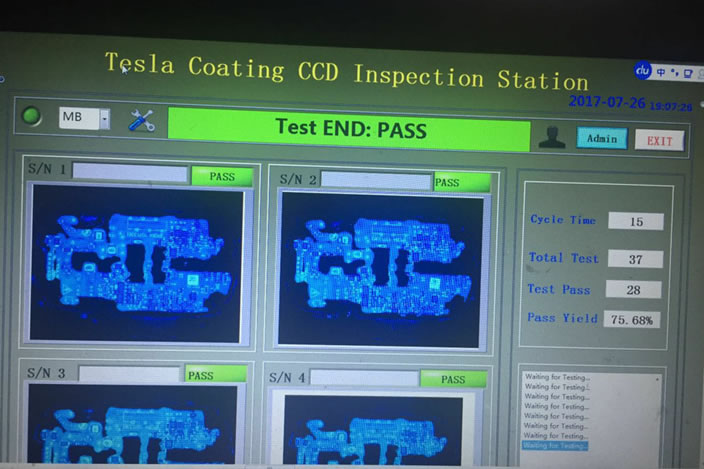 Tesla 充电枪 PCBA Coating Test: 防水胶元件处漏点胶检